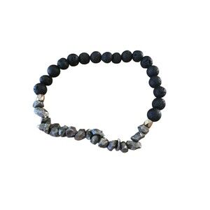 Bracelet Black Lava Stone Silver Hematite Beaded Stretch Jewelry